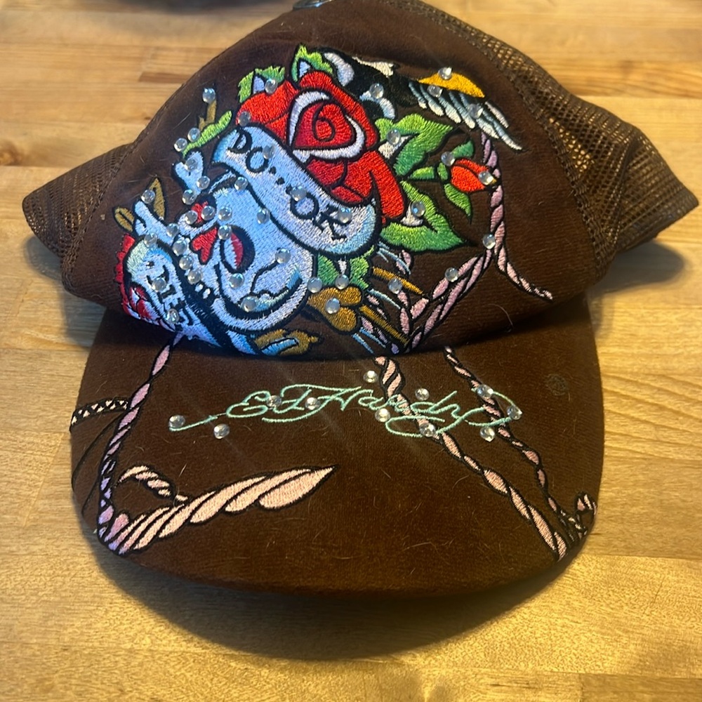 Ed Hardy Snapback Hat brown Skull Mesh Cap Skull and Roses